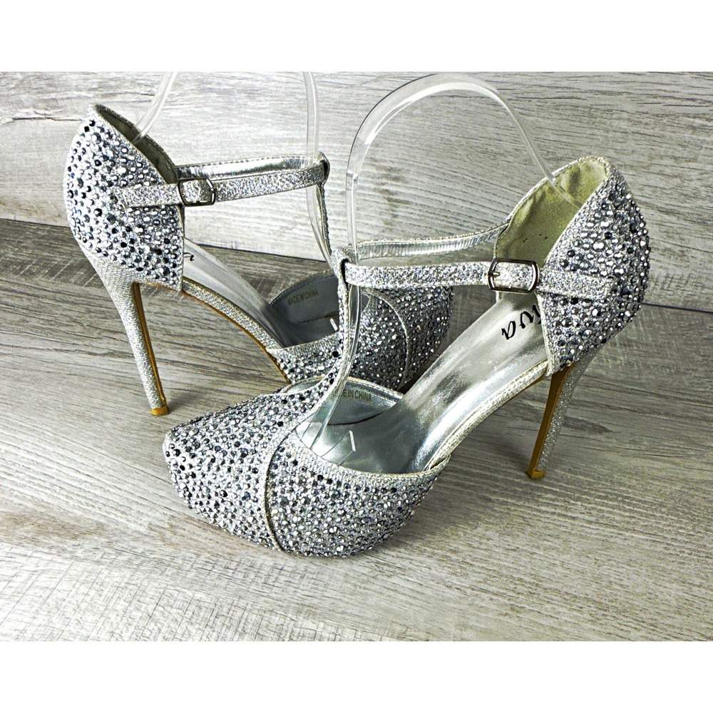 Y2K McBling Silver Rhinestone Platform Heels EU 40 Stiletto Prom Party Size 9